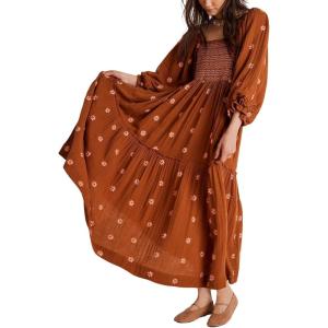 imageCHARTOU Women Summer Flowy Floral Dress Long Puff Sleeve Square Neck Boho Maxi Sundress Swing Smocked DressBrown