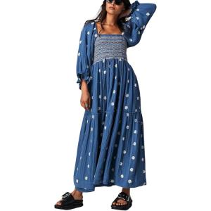 imageCHARTOU Women Summer Flowy Floral Dress Long Puff Sleeve Square Neck Boho Maxi Sundress Swing Smocked DressDark Blue
