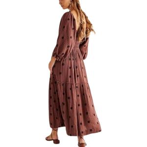 imageCHARTOU Women Summer Flowy Floral Dress Long Puff Sleeve Square Neck Boho Maxi Sundress Swing Smocked DressDark Brown