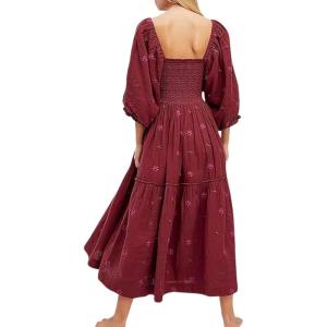 imageCHARTOU Women Summer Flowy Floral Dress Long Puff Sleeve Square Neck Boho Maxi Sundress Swing Smocked DressDark Red