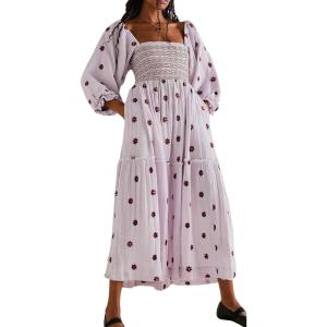 imageCHARTOU Women Summer Flowy Floral Dress Long Puff Sleeve Square Neck Boho Maxi Sundress Swing Smocked DressLight Purple