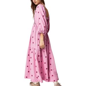 imageCHARTOU Women Summer Flowy Floral Dress Long Puff Sleeve Square Neck Boho Maxi Sundress Swing Smocked DressPink