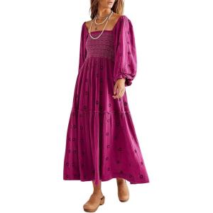 imageCHARTOU Women Summer Flowy Floral Dress Long Puff Sleeve Square Neck Boho Maxi Sundress Swing Smocked DressRose
