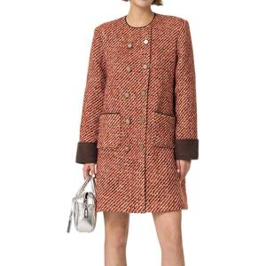 imageCHARTOU Women Tweed Mini Dress Long Sleeve Double Breast Elegant Lady Dressy Tweed Blazer CoatRed