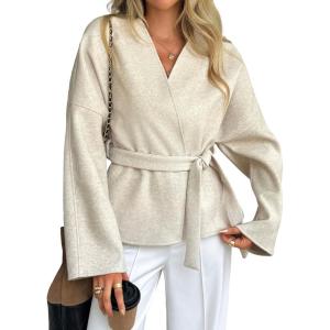 imageCHARTOU Women Wool Blend Crop Jacket Coat Oversized Fall Winter Blazer Outwear Trench Overcoat with BeltApricot