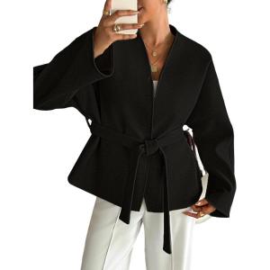 imageCHARTOU Women Wool Blend Crop Jacket Coat Oversized Fall Winter Blazer Outwear Trench Overcoat with BeltBlack