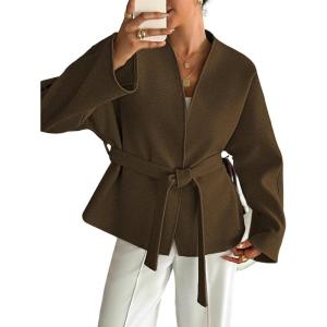 imageCHARTOU Women Wool Blend Crop Jacket Coat Oversized Fall Winter Blazer Outwear Trench Overcoat with BeltBrown