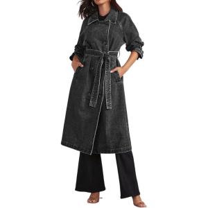 imageCHARTOU Womens Casual Double Breasted Long Denim Trench Coat Jean Jacket Trenchcoat with Belt Duster CoatBlack