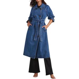 imageCHARTOU Womens Casual Double Breasted Long Denim Trench Coat Jean Jacket Trenchcoat with Belt Duster CoatBlue