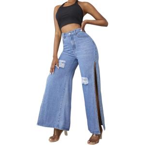 imageCHARTOU Womens Chic Distressed High Rise Wide Leg Denim Jeans Ripped Side Slit Flare Pants