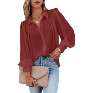 imageCHARTOU Womens Dressy Casual Lapel Collar Pleated Lantern Sleeve Button Down ShirtBrick Red