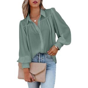 imageCHARTOU Womens Dressy Casual Lapel Collar Pleated Lantern Sleeve Button Down ShirtGreen