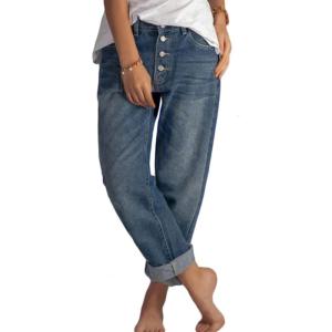 imageCHARTOU Womens Loose Button Roll Up Denim Jeans Pants Mid Waist Cat Print Baggy Cropped PantsBlue