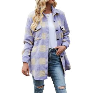 imageCHARTOU Womens Loose Fit Thick Wool Blend Plaid Mid Long Button Down Shirt ShacketPurple