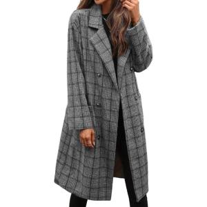 imageCHARTOU Womens Plaid Wool Pea Coat Classy Notched Double Breast Office Work Wool Long Trench OvercoatGrey
