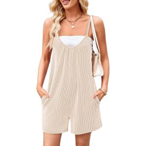 imageCHARTOU Womens Summer Ribbed U Neck One Piece Romper Overalls Spaghetti Strap Shorts Jumpsuit with PocketsApricot