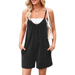 imageCHARTOU Womens Summer Ribbed U Neck One Piece Romper Overalls Spaghetti Strap Shorts Jumpsuit with PocketsBlack