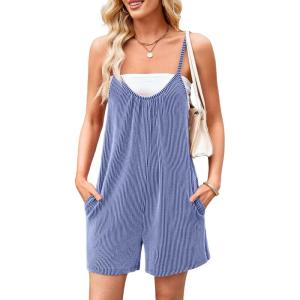 imageCHARTOU Womens Summer Ribbed U Neck One Piece Romper Overalls Spaghetti Strap Shorts Jumpsuit with PocketsBlue