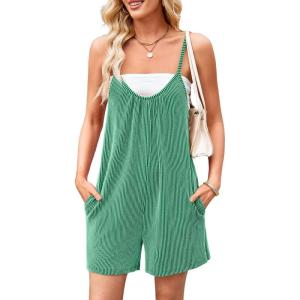 imageCHARTOU Womens Summer Ribbed U Neck One Piece Romper Overalls Spaghetti Strap Shorts Jumpsuit with PocketsGreen