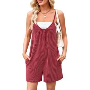 imageCHARTOU Womens Summer Ribbed U Neck One Piece Romper Overalls Spaghetti Strap Shorts Jumpsuit with PocketsRed