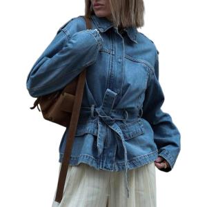 imageCHARTOU Womens Warp Jean Jacket Denim Belted Shirt Snap Button Zip Up Fashion Fall Tops with PocketsBlue