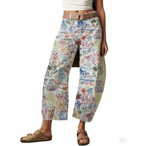 imageCHARTOU Womens Wide Leg Cropped Jeans Pants Baggy High Rise Denim Pants Y2k Floral Barrel JeansGraffiti