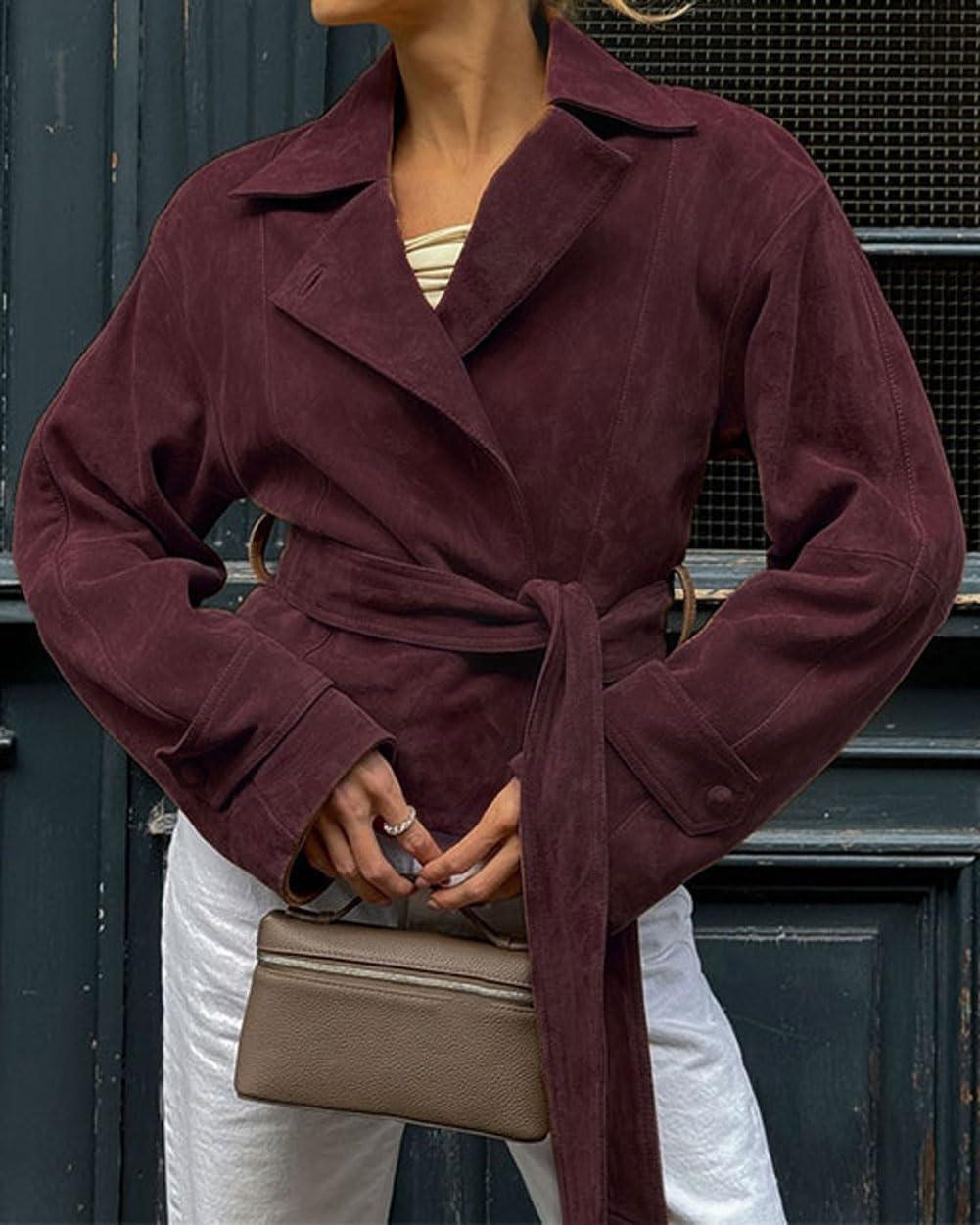 imageCHARTOU Faux Suede Leather Jacket 2025 Vintage Casual Cropped Wrap Coat with BeltBurgundy