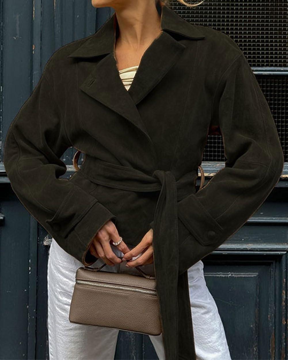 imageCHARTOU Faux Suede Leather Jacket 2025 Vintage Casual Cropped Wrap Coat with BeltGreen