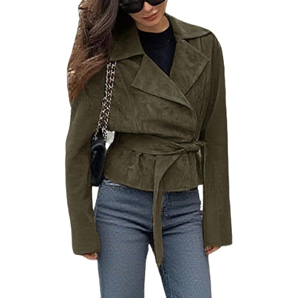 imageCHARTOU Faux Suede Leather Jacket 2025 Vintage Casual Cropped Wrap Coat with BeltGreen