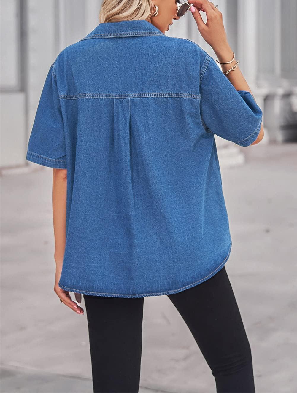 imageCHARTOU Womens Summer Spread Collar Button Down Short Sleeve Denim Blouse ShirtDark Blue