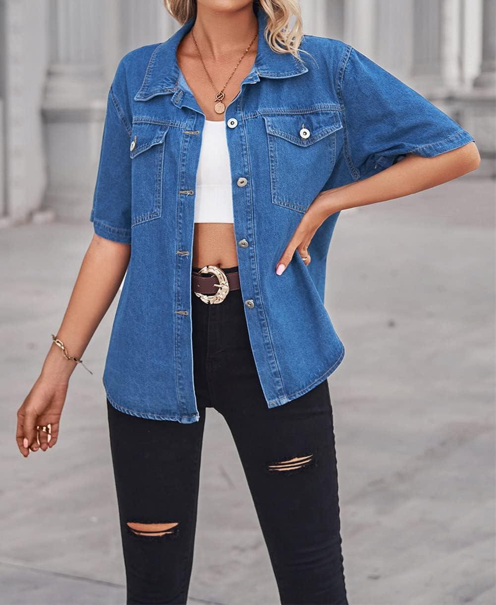 imageCHARTOU Womens Summer Spread Collar Button Down Short Sleeve Denim Blouse ShirtDark Blue