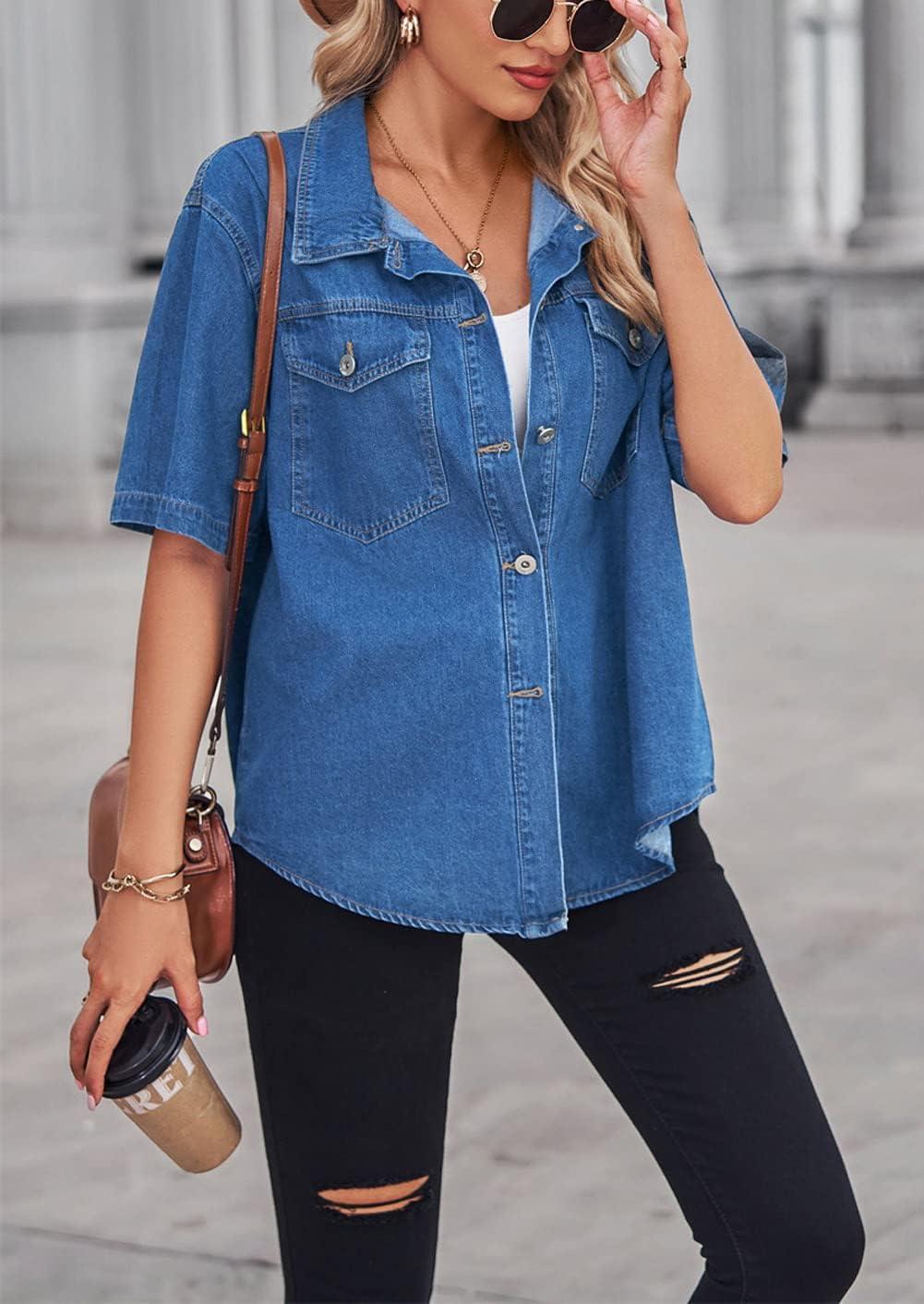 imageCHARTOU Womens Summer Spread Collar Button Down Short Sleeve Denim Blouse ShirtDark Blue