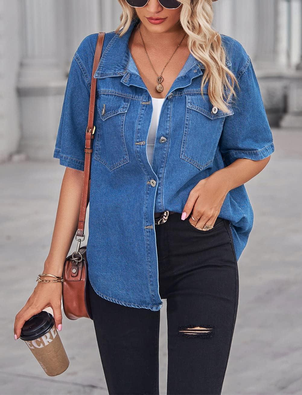 imageCHARTOU Womens Summer Spread Collar Button Down Short Sleeve Denim Blouse ShirtDark Blue