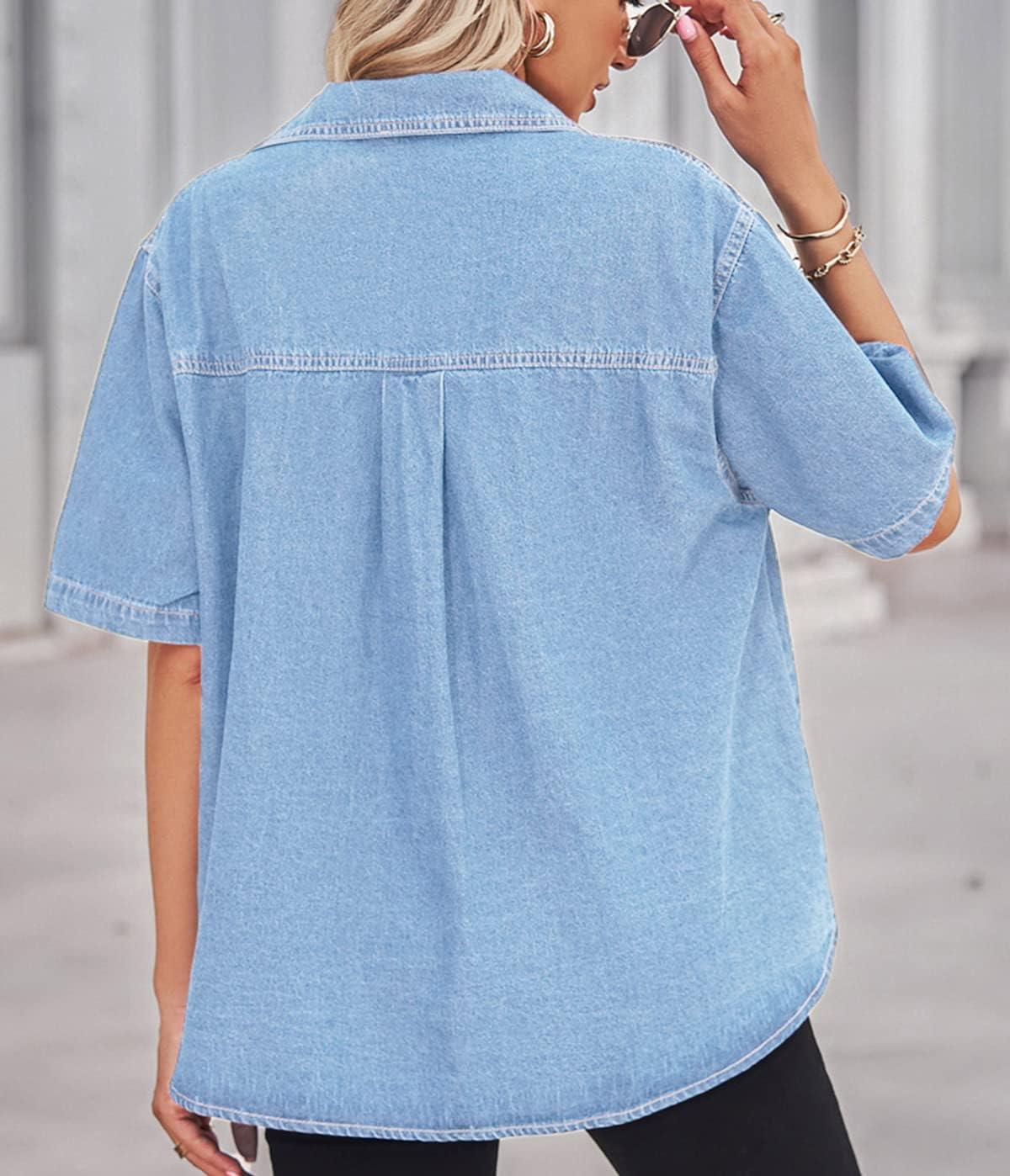 imageCHARTOU Womens Summer Spread Collar Button Down Short Sleeve Denim Blouse ShirtLight Blue