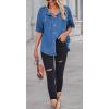 imageCHARTOU Womens Summer Spread Collar Button Down Short Sleeve Denim Blouse ShirtDark Blue