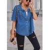 imageCHARTOU Womens Summer Spread Collar Button Down Short Sleeve Denim Blouse ShirtDark Blue