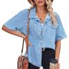 imageCHARTOU Womens Summer Spread Collar Button Down Short Sleeve Denim Blouse ShirtLight Blue