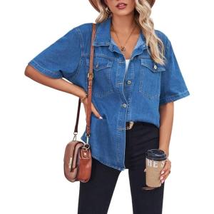 imageCHARTOU Womens Summer Spread Collar Button Down Short Sleeve Denim Blouse ShirtDark Blue