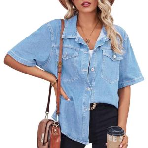 imageCHARTOU Womens Summer Spread Collar Button Down Short Sleeve Denim Blouse ShirtLight Blue