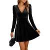 imageCHARTOU Womens Velvet VNeck Long Sleeve ALine Cocktail Party Skater DressBlack