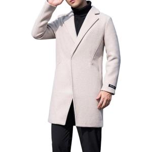 imageCHARTOU Mens Notched Collar 1 Button Slim Fit Midi Trench Pea Coat JacketBeige