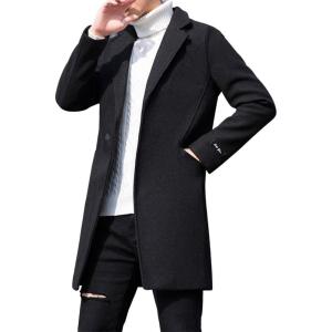 imageCHARTOU Mens Notched Collar 1 Button Slim Fit Midi Trench Pea Coat JacketBlack