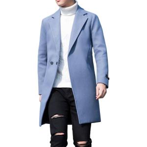 imageCHARTOU Mens Notched Collar 1 Button Slim Fit Midi Trench Pea Coat JacketBlue