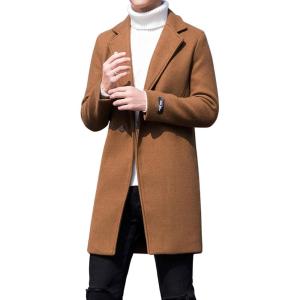 imageCHARTOU Mens Notched Collar 1 Button Slim Fit Midi Trench Pea Coat JacketCamel