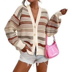 imageCHARTOU Women Contrast Striped Cardigan Sweaters Button Down V Neck 2025 Fall Sweaters TopsBrown
