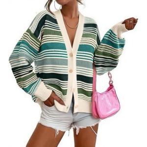 imageCHARTOU Women Contrast Striped Cardigan Sweaters Button Down V Neck 2025 Fall Sweaters TopsGreen