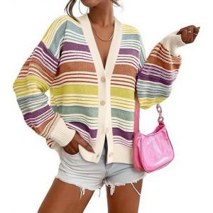 imageCHARTOU Women Contrast Striped Cardigan Sweaters Button Down V Neck 2025 Fall Sweaters TopsYellow