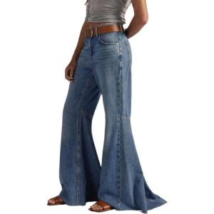imageCHARTOU Women Patchwork Flared Denim Wide Leg Pants Y2k High Rise Floor Length Distressed Baggy JeansBlue