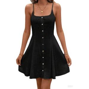 imageCHARTOU Women Sleeveless Linen Short Dress Cinched Waist Button Down Mini Elegant Party DressesBlack