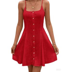 imageCHARTOU Women Sleeveless Linen Short Dress Cinched Waist Button Down Mini Elegant Party DressesRed